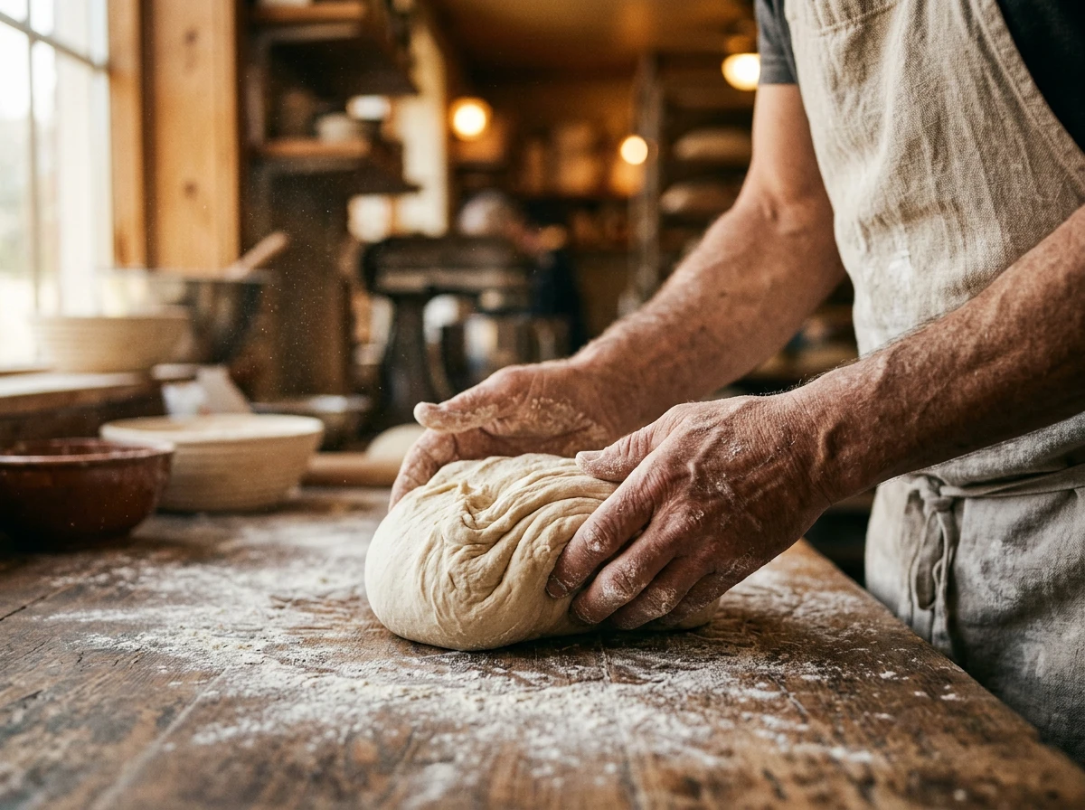 Artisan baker's hands shaping bread dough on a floured wooden surface