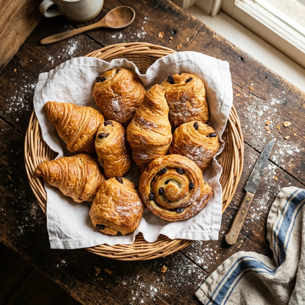 Panier de croissants et viennoiseries du matin